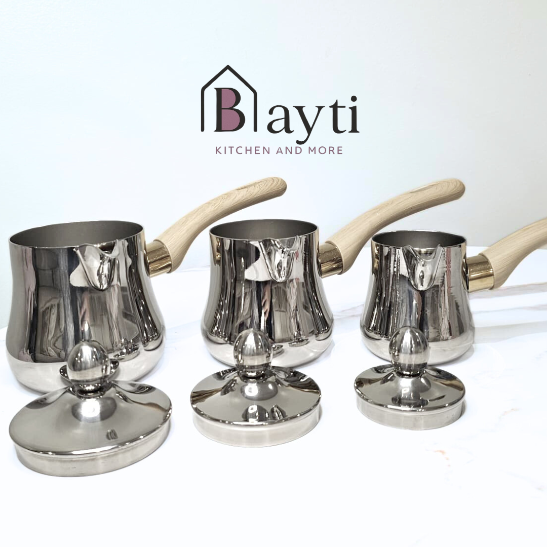 Bayti Premium Thick Stainless Steel Turkish Coffee Pot Set of 3 with Wooden Handles for Rich Flavor and Aromatic Brew