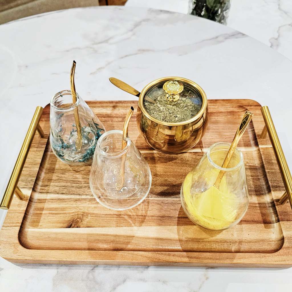 Mate Set of 3 Glass Cups with Golden Stainless Steel Sugar Pot on Wooden Tray for Elegant Service Featuring Stylish Design