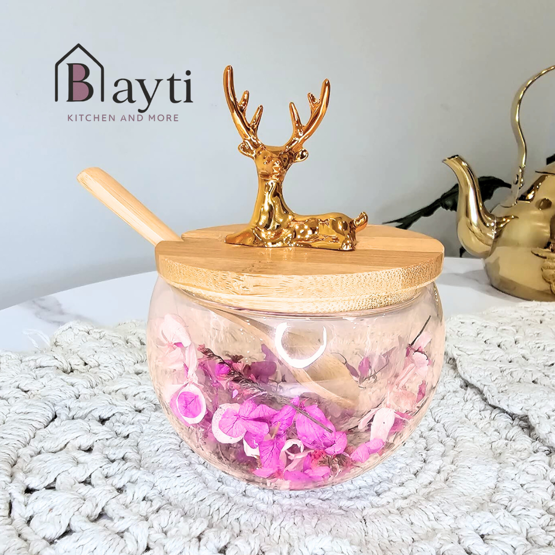 Blayti Wooden Mate Set Floral Sugar Pot Double Glass with High Quality Stainless Tea Pot and Gold Deer Decor