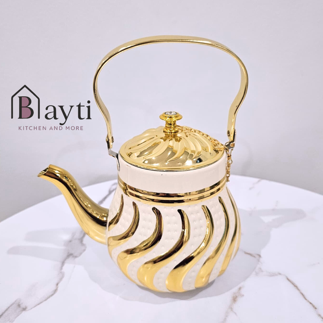 Bayti Premium Quality White and Gold Stainless-Steel Tea Pot 1.8L with Elegant Design and Durable Construction for Elegant Tea Brewing