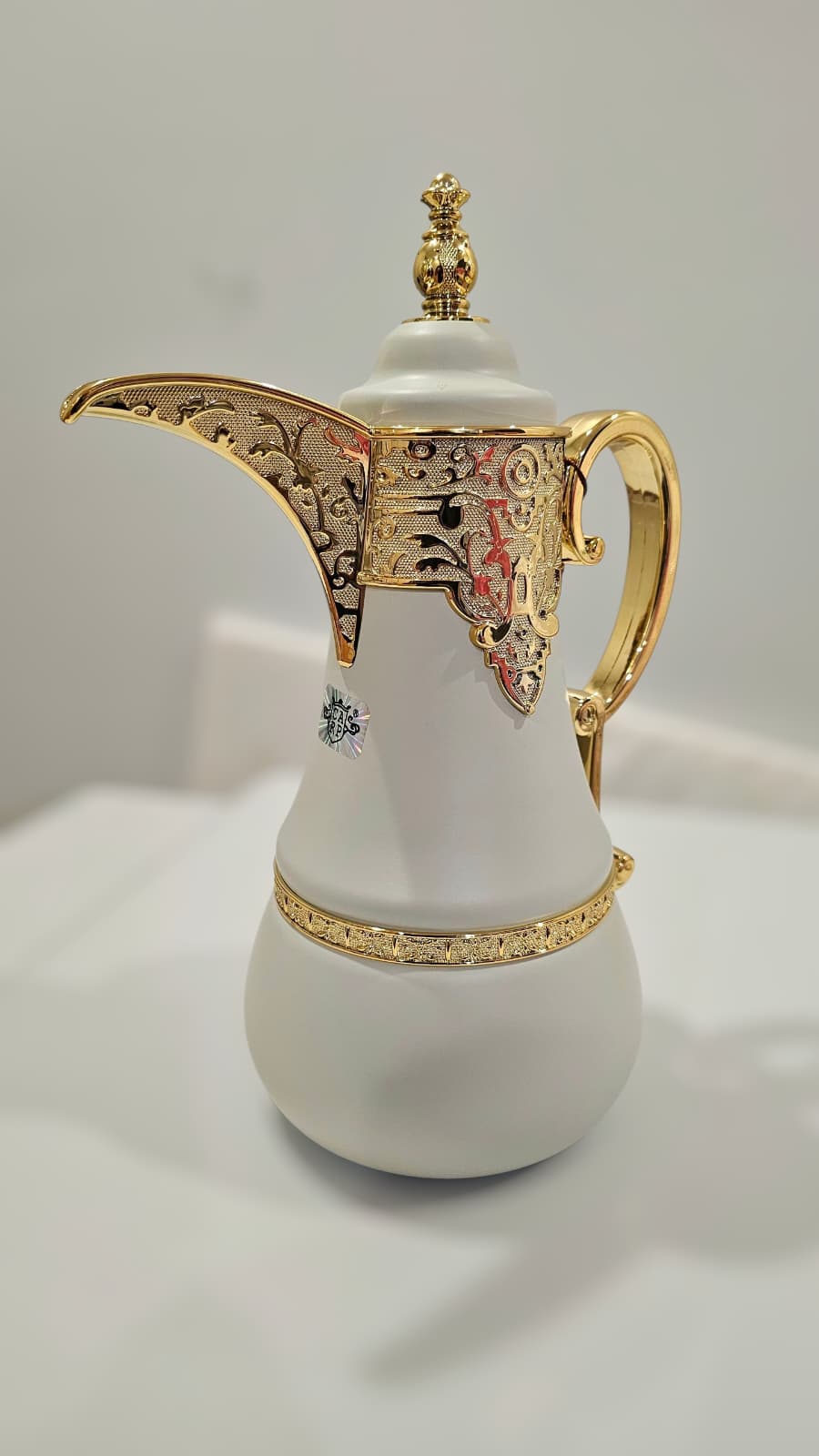 Dallah Brand Luxury Vacuum Insulated Stainless Steel Tea & Coffee Pot Elegant white Design with Gold Accents & Unique Handle Tumbler Drinkware Flasks