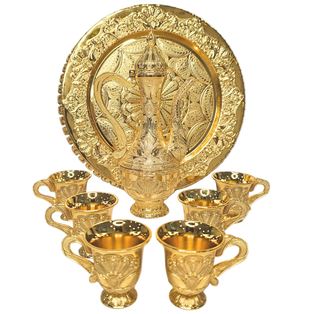Bayti Luxury Turkish Coffee Serving Set - Dalla Pot with 6 Cups & Gold Plated Tray - Elegant Decorative Tea Set for Home & Entertaining