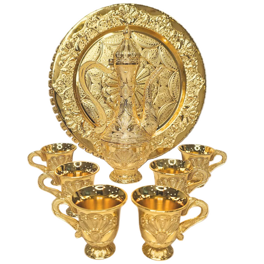 Bayti Luxury Turkish Coffee Serving Set - Dalla Pot with 6 Cups & Gold Plated Tray - Elegant Decorative Tea Set for Home & Entertaining