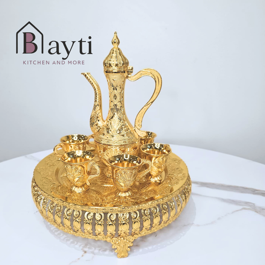 Bayti Luxury Turkish Coffee Serving Set - Dalla Pot with 6 Cups & Gold Plated Tray - Elegant Decorative Tea Set for Home & Entertaining