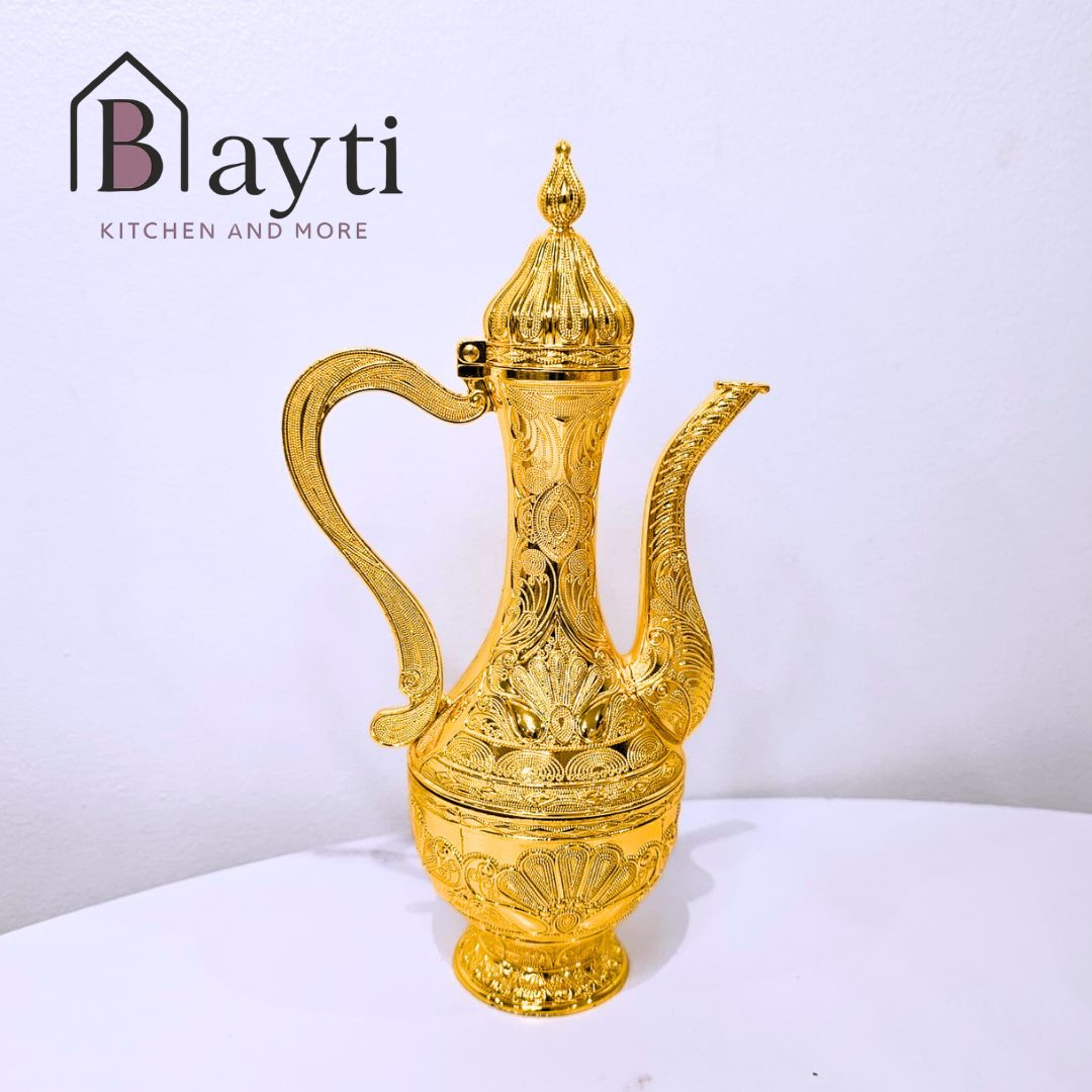 Bayti Luxury Turkish Coffee Serving Set - Dalla Pot with 6 Cups & Gold Plated Tray - Elegant Decorative Tea Set for Home & Entertaining