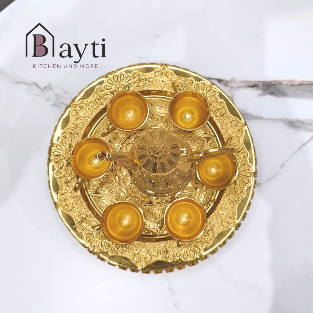 Bayti Luxury Turkish Coffee Serving Set - Dalla Pot with 6 Cups & Gold Plated Tray - Elegant Decorative Tea Set for Home & Entertaining
