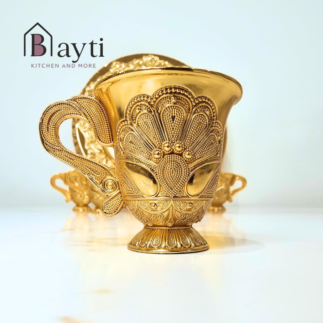 Bayti Luxury Turkish Coffee Serving Set - Dalla Pot with 6 Cups & Gold Plated Tray - Elegant Decorative Tea Set for Home & Entertaining