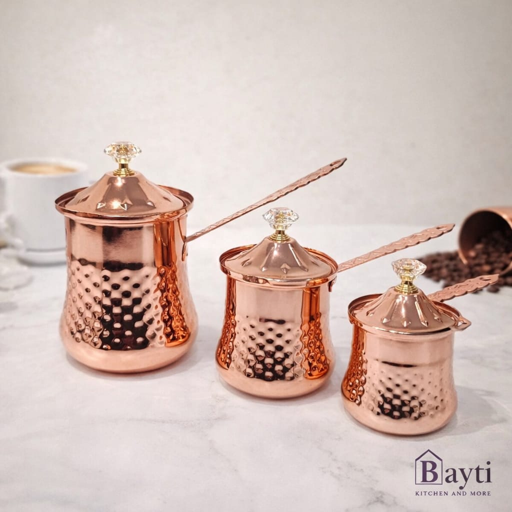Bayti Stainless Steel Turkish Coffee Pot Set of 3 colors options Copper, gold, silver Color Finish with Elegant Design Durable Construction for Coffee Lovers