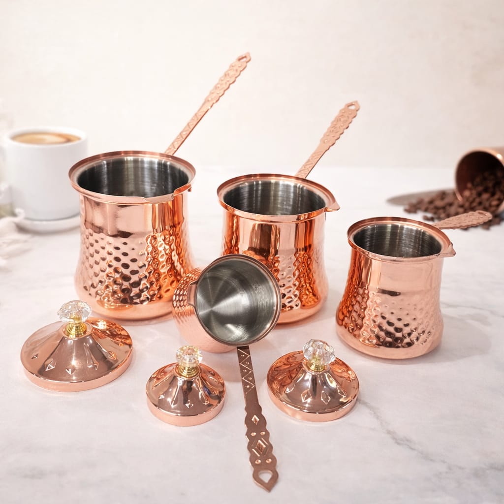Bayti Stainless Steel Turkish Coffee Pot Set of 3 colors options Copper, gold, silver Color Finish with Elegant Design Durable Construction for Coffee Lovers