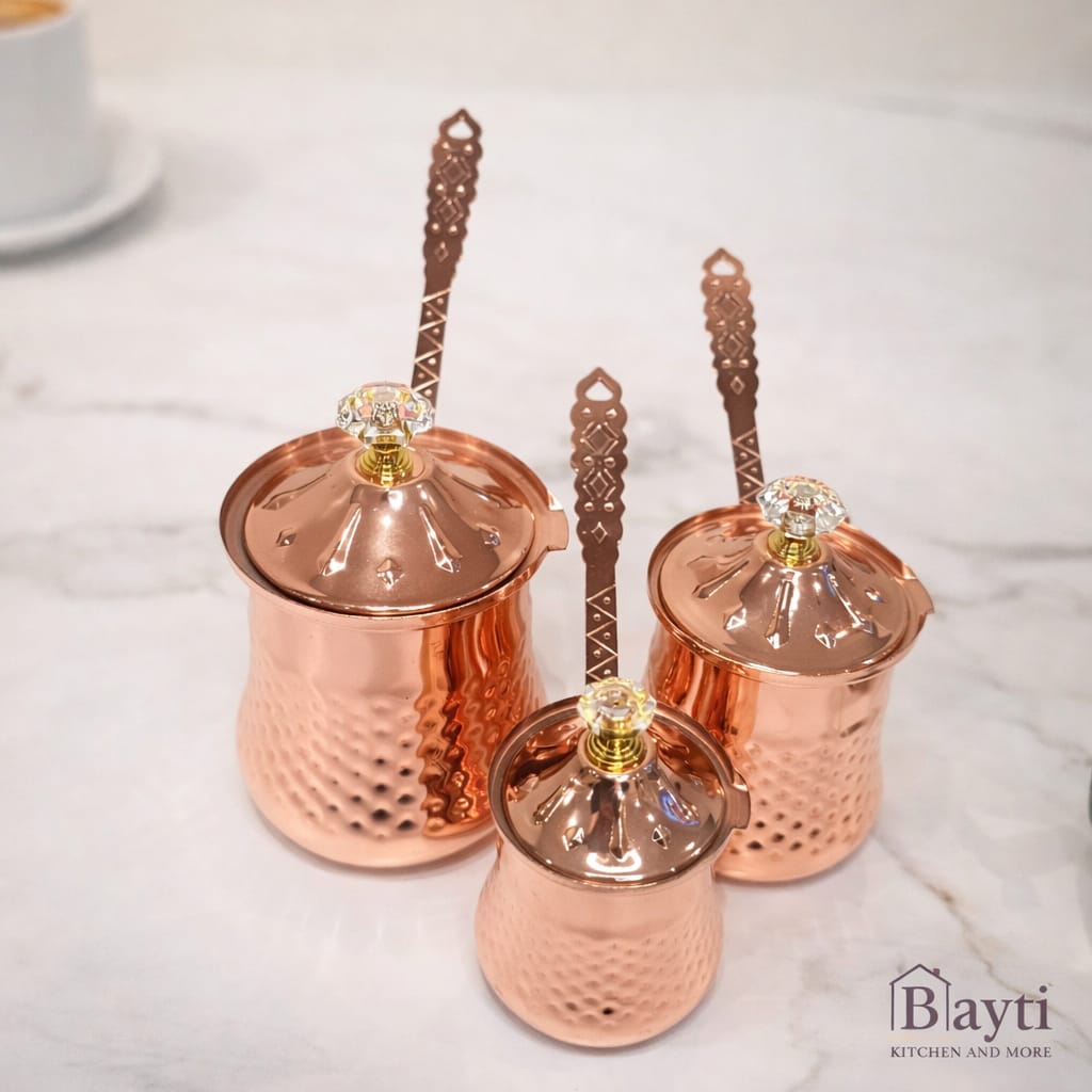Bayti Stainless Steel Turkish Coffee Pot Set of 3 colors options Copper, gold, silver Color Finish with Elegant Design Durable Construction for Coffee Lovers