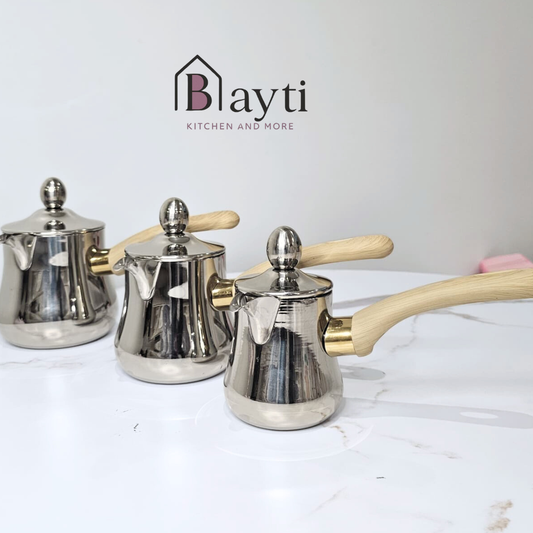 Bayti Premium Thick Stainless Steel Turkish Coffee Pot Set of 3 with Wooden Handles for Rich Flavor and Aromatic Brew