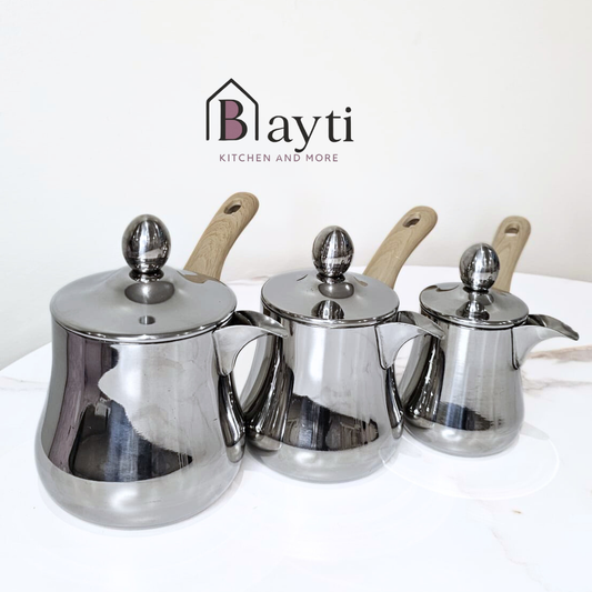 Bayti Premium Thick Stainless Steel Turkish Coffee Pot Set of 3 with Wooden Handles for Rich Flavor and Aromatic Brew