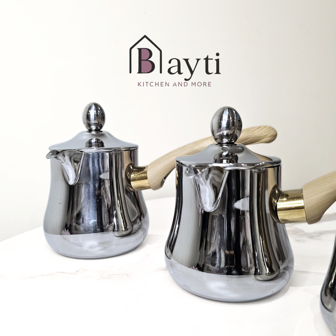 Bayti Premium Thick Stainless Steel Turkish Coffee Pot Set of 3 with Wooden Handles for Rich Flavor and Aromatic Brew