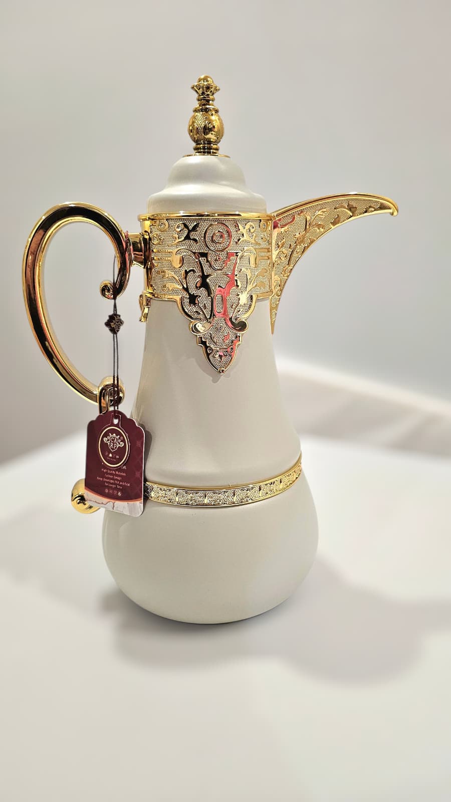 Dallah Brand Luxury Vacuum Insulated Stainless Steel Tea & Coffee Pot Elegant white Design with Gold Accents & Unique Handle Tumbler Drinkware Flasks