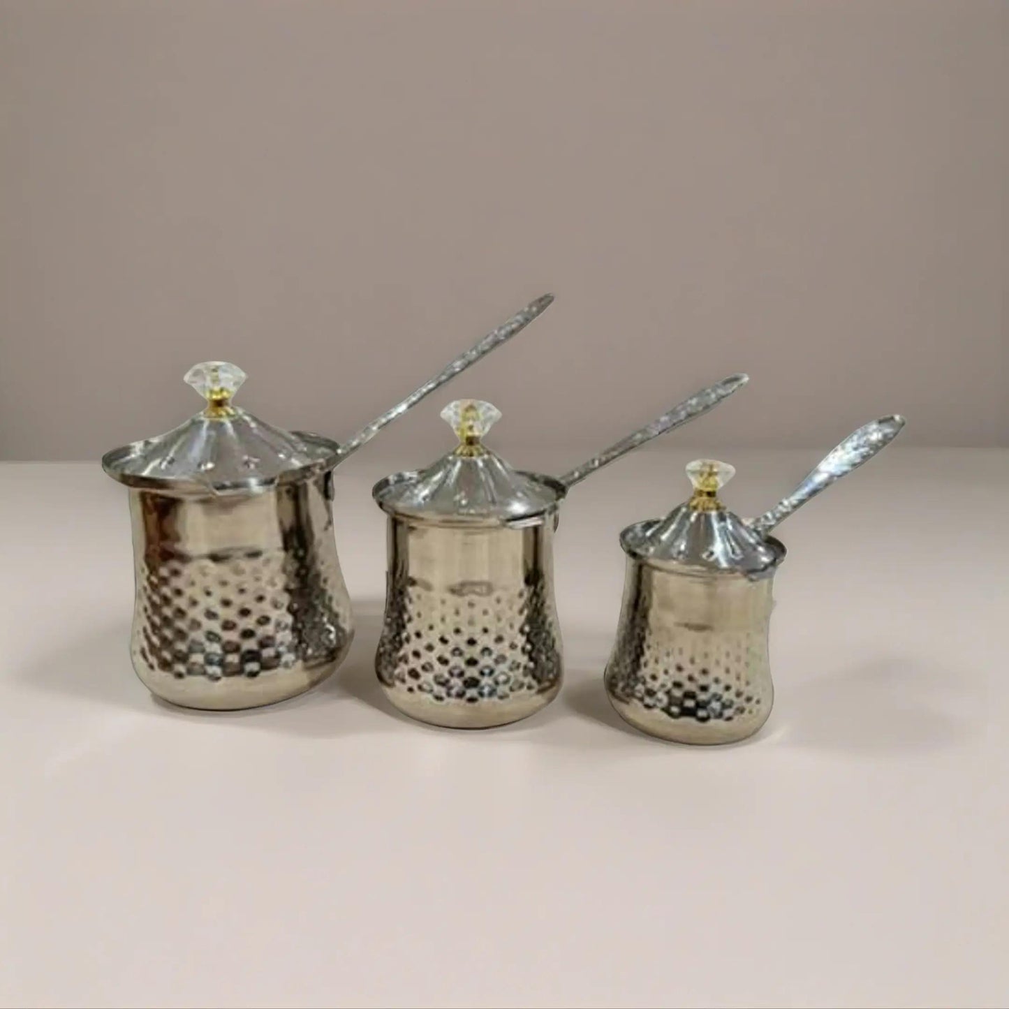 Bayti Stainless Steel Turkish Coffee Pot Set of 3 colors options Copper, gold, silver Color Finish with Elegant Design Durable Construction for Coffee Lovers