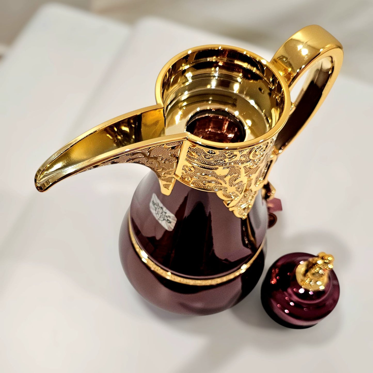 Dallah Brand Luxury Vacuum Insulated Stainless Steel Tea & Coffee Pot - Elegant Maroon Design with Gold Accents & Unique Handle