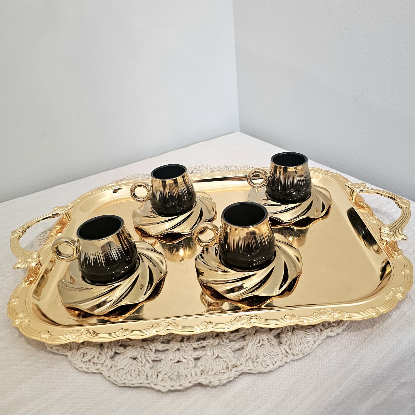 Luxury Arabic Coffee Cup Set 6 Pieces with Gold Accents Elegant Design Black & Gold Coffee Mug Collection