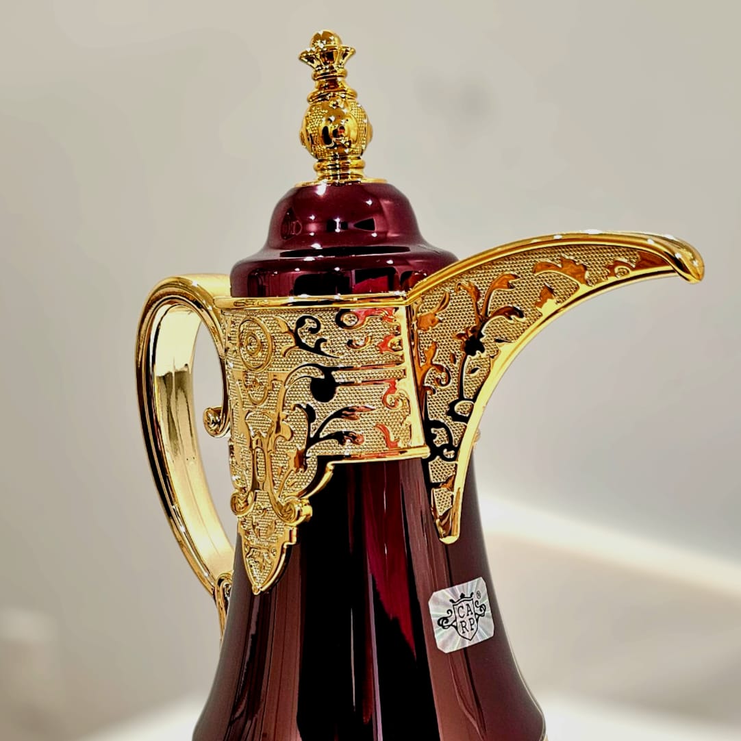 Dallah Brand Luxury Vacuum Insulated Stainless Steel Tea & Coffee Pot - Elegant Maroon Design with Gold Accents & Unique Handle