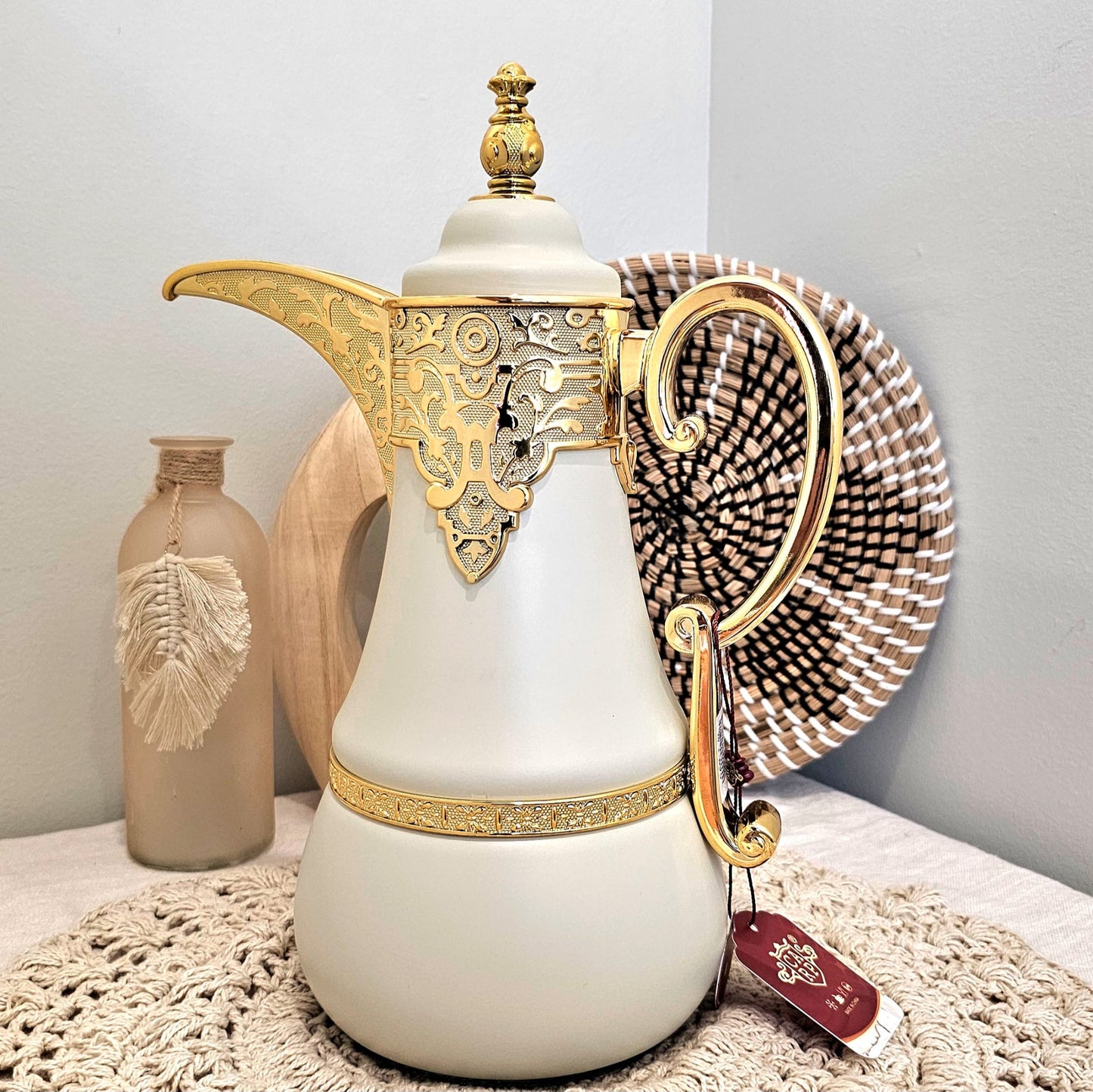 Dallah Brand Luxury Vacuum Insulated Stainless Steel Tea & Coffee Pot Elegant white Design with Gold Accents & Unique Handle Tumbler Drinkware Flasks