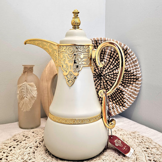 Dallah Brand Luxury Vacuum Insulated Stainless Steel Tea & Coffee Pot Elegant white Design with Gold Accents & Unique Handle Tumbler Drinkware Flasks