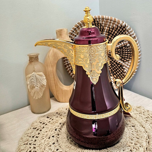 Dallah Brand Luxury Vacuum Insulated Stainless Steel Tea & Coffee Pot - Elegant Maroon Design with Gold Accents & Unique Handle