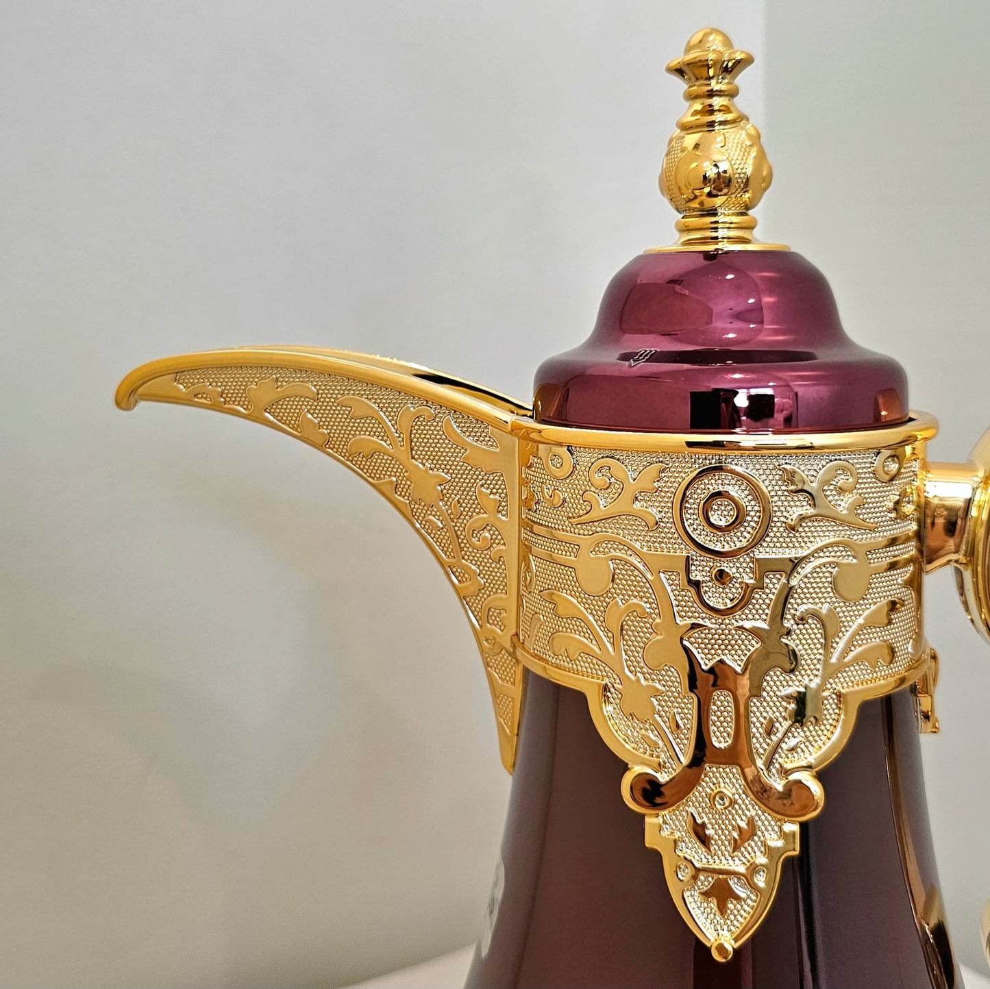 Dallah Brand Luxury Vacuum Insulated Stainless Steel Tea & Coffee Pot - Elegant Maroon Design with Gold Accents & Unique Handle