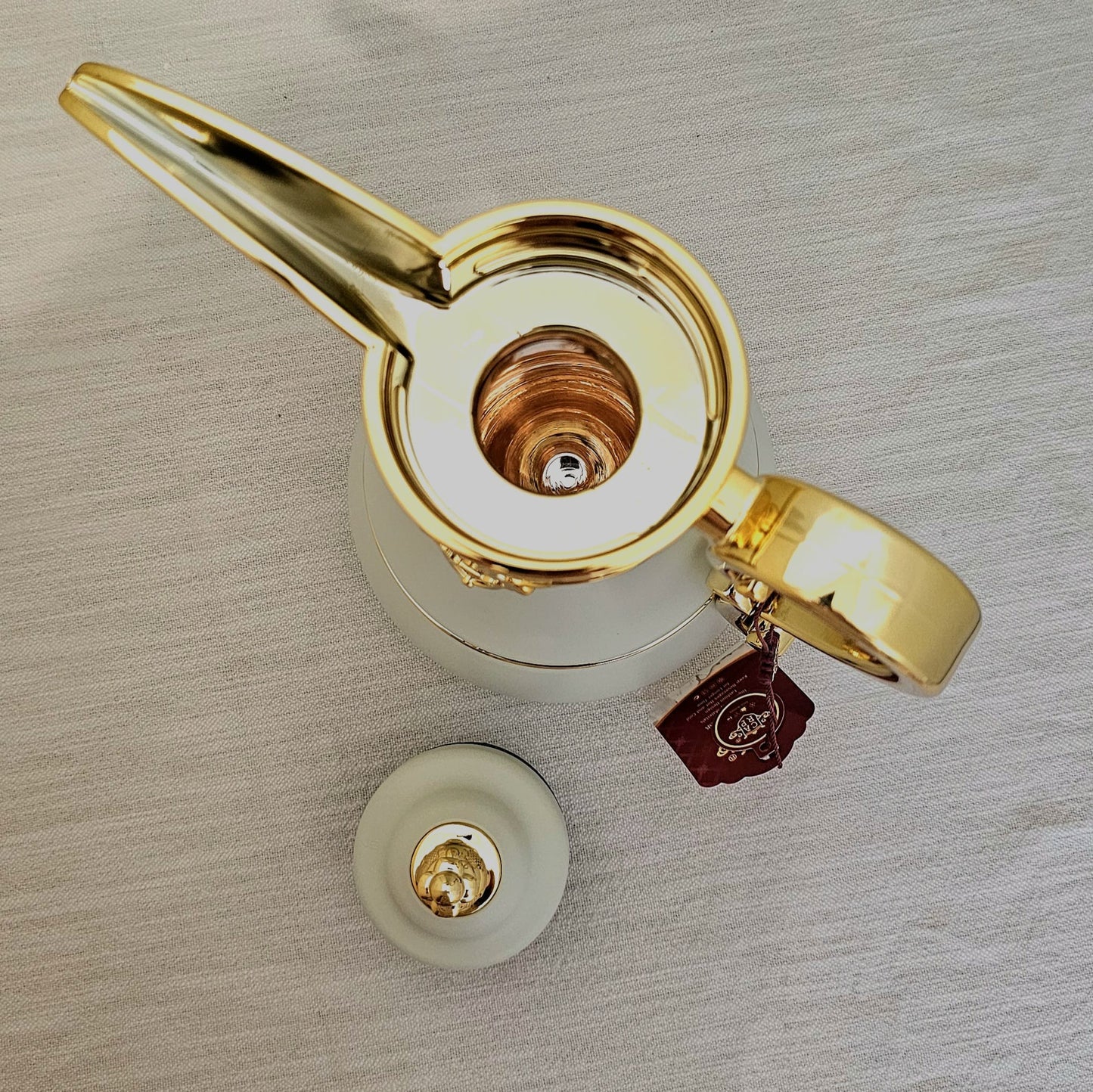 Dallah Brand Luxury Vacuum Insulated Stainless Steel Tea & Coffee Pot Elegant white Design with Gold Accents & Unique Handle Tumbler Drinkware Flasks