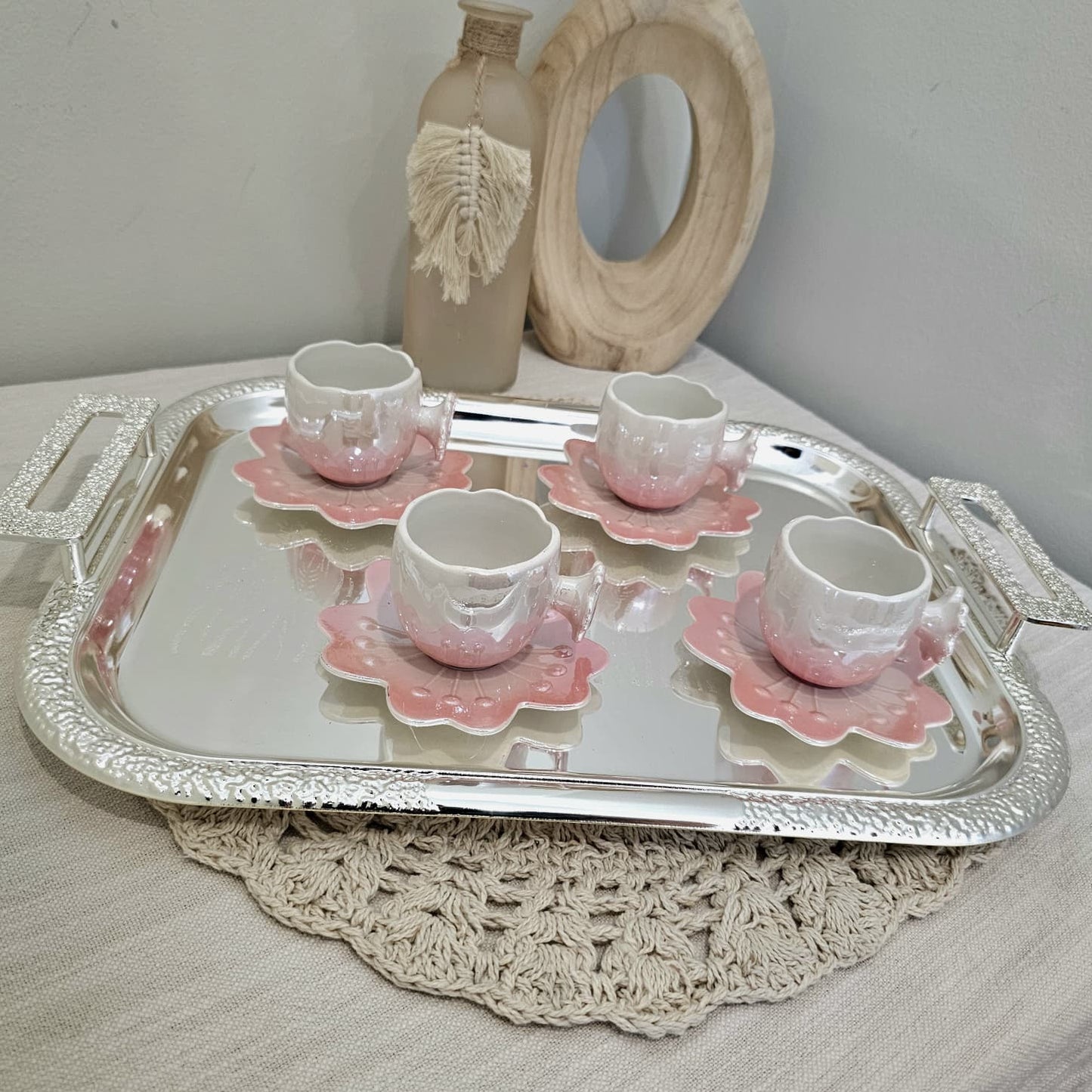 Luxury Pearl Tea & Coffee Cup Set - 6 Cups with Serving Plate, Elegant Design, Perfect for Coffee Time, Includes 6 Cups and Serving Plate
