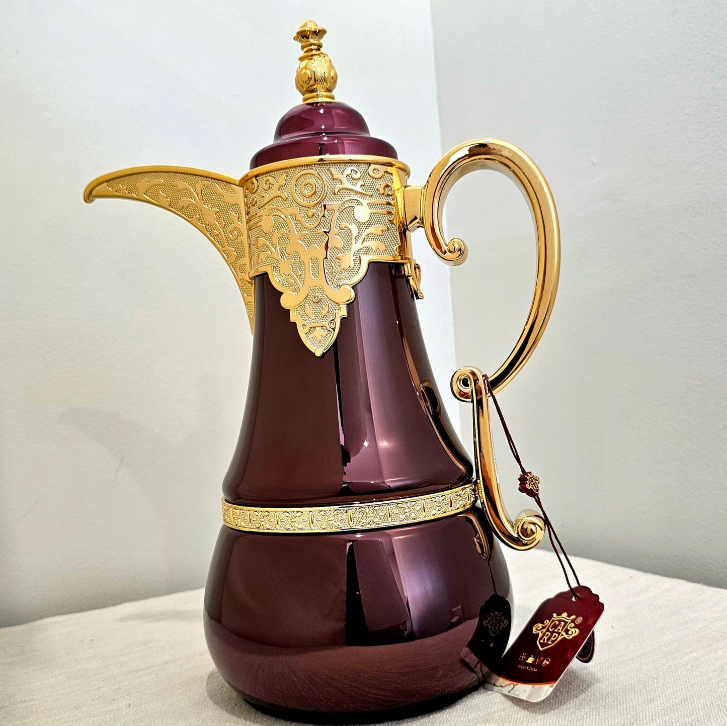 Dallah Brand Luxury Vacuum Insulated Stainless Steel Tea & Coffee Pot - Elegant Maroon Design with Gold Accents & Unique Handle