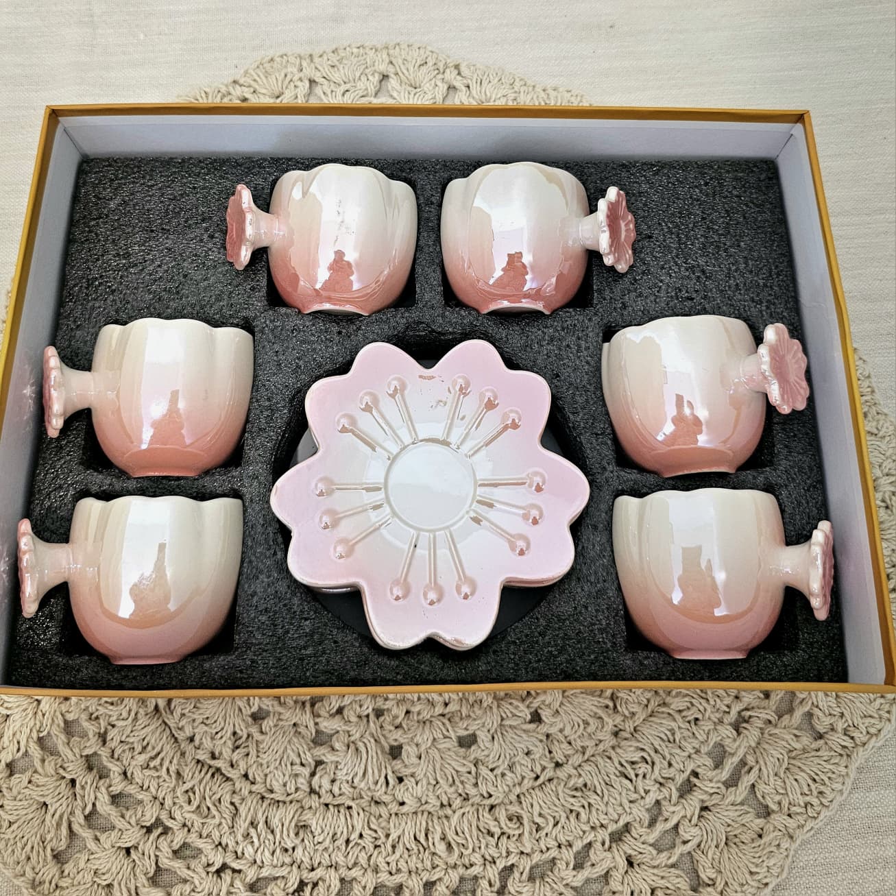 Luxury Pearl Tea & Coffee Cup Set - 6 Cups with Serving Plate, Elegant Design, Perfect for Coffee Time, Includes 6 Cups and Serving Plate