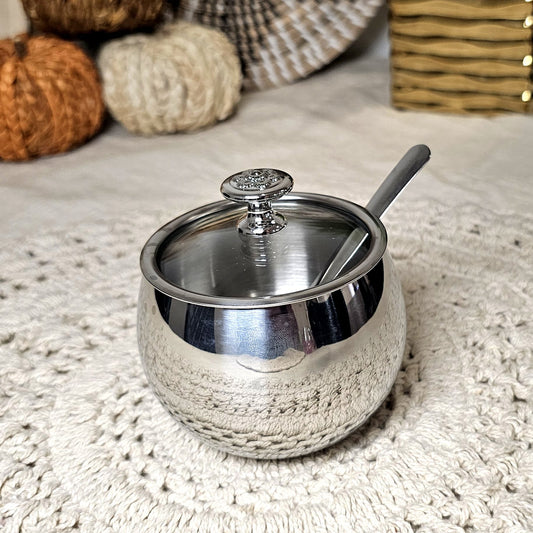 3 pcs Elegant Sugar Pot with Spoon and Crystal Knob Lid ( set of 3pcs ) - Silver Design with Lid and Spoon Included