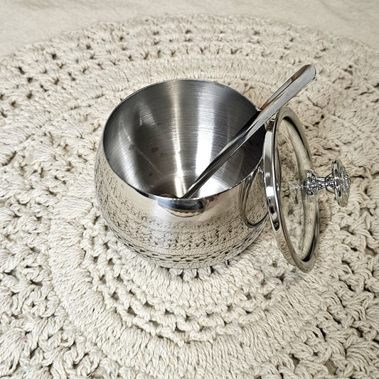 3 pcs Elegant Sugar Pot with Spoon and Crystal Knob Lid ( set of 3pcs ) - Silver Design with Lid and Spoon Included