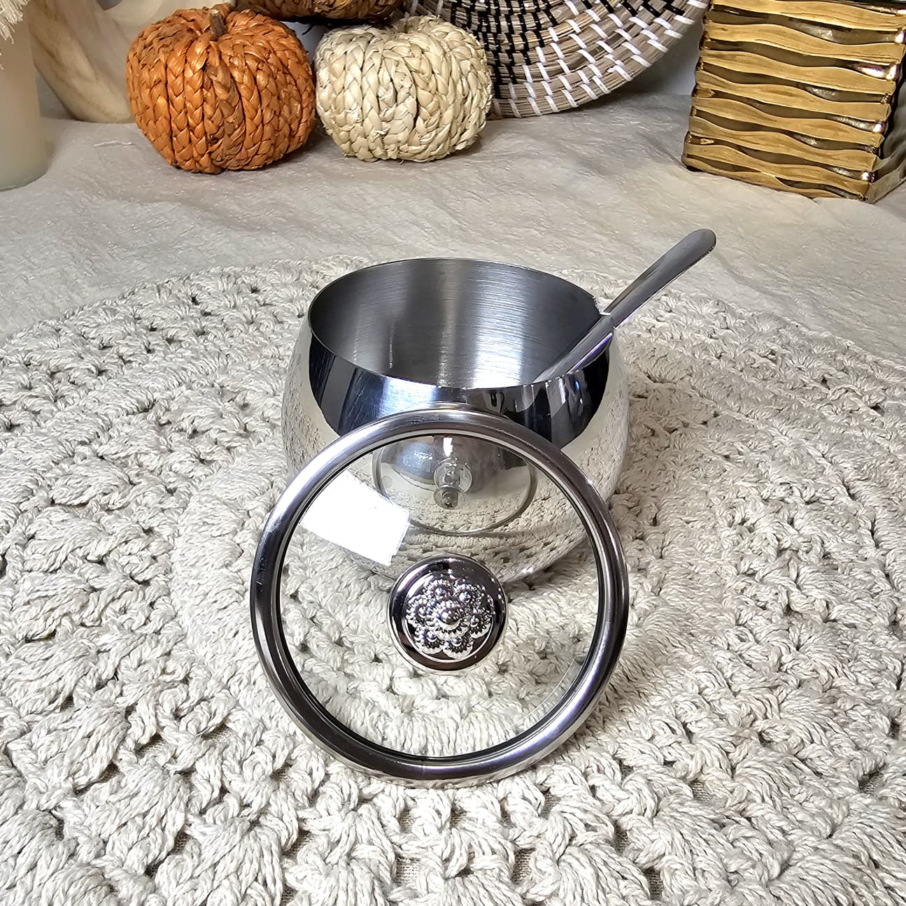 3 pcs Elegant Sugar Pot with Spoon and Crystal Knob Lid ( set of 3pcs ) - Silver Design with Lid and Spoon Included