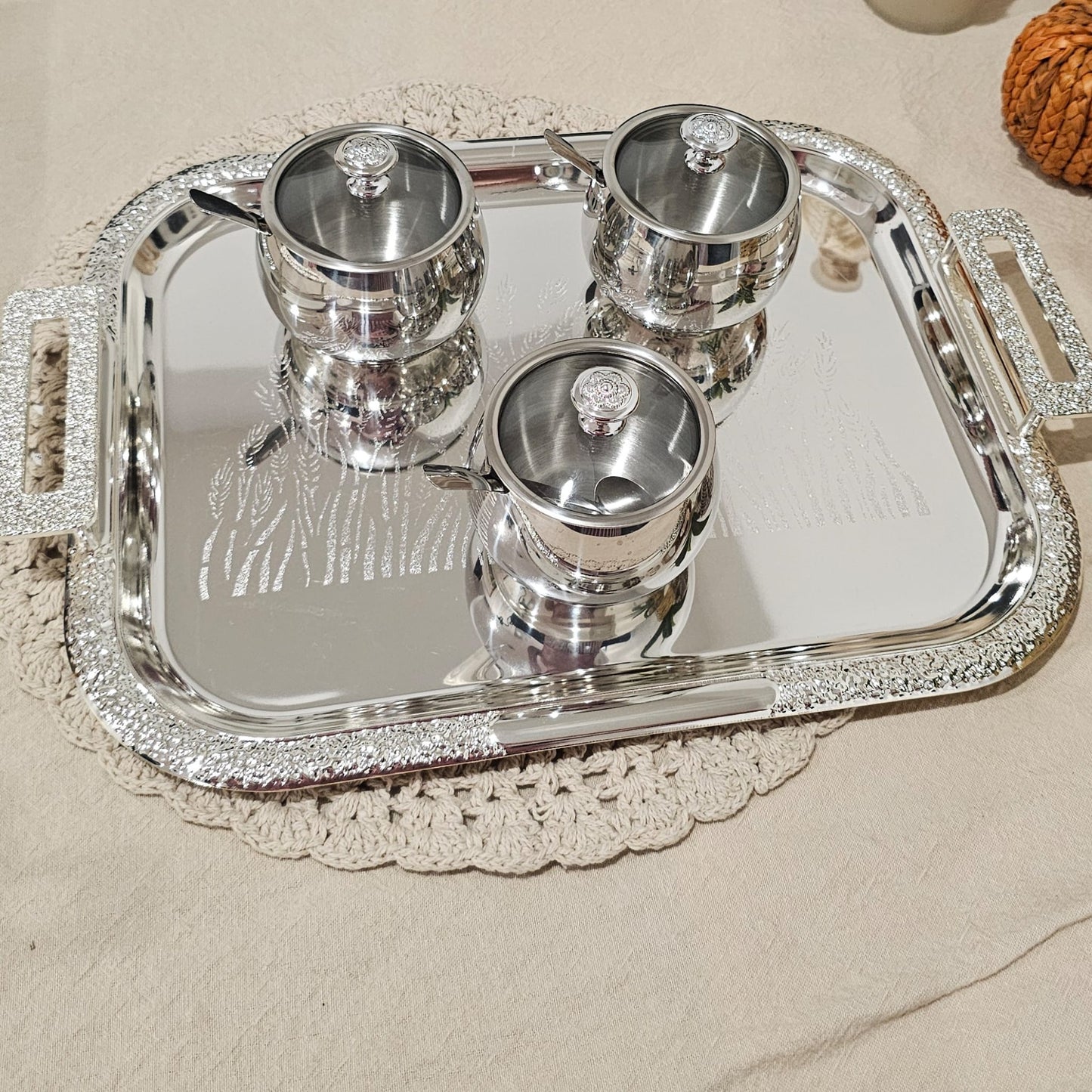 3 pcs Elegant Sugar Pot with Spoon and Crystal Knob Lid ( set of 3pcs ) - Silver Design with Lid and Spoon Included