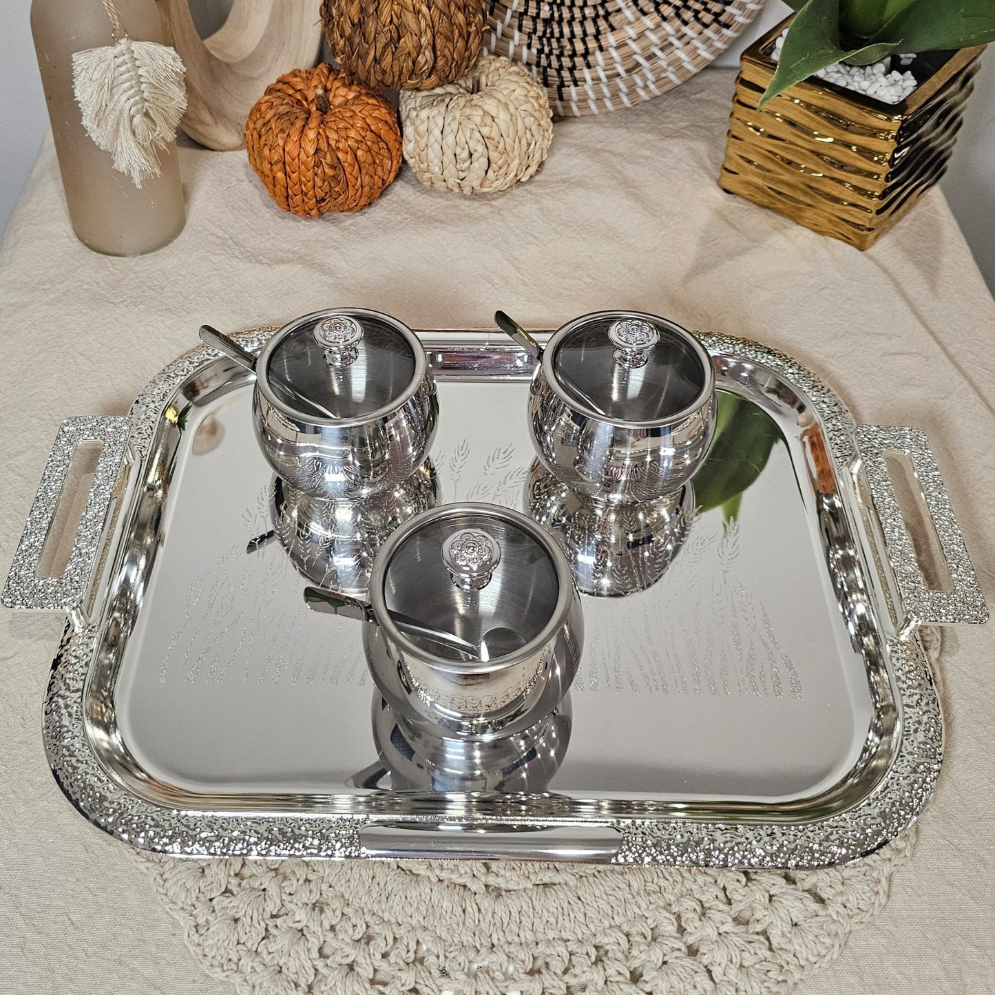 3 pcs Elegant Sugar Pot with Spoon and Crystal Knob Lid ( set of 3pcs ) - Silver Design with Lid and Spoon Included