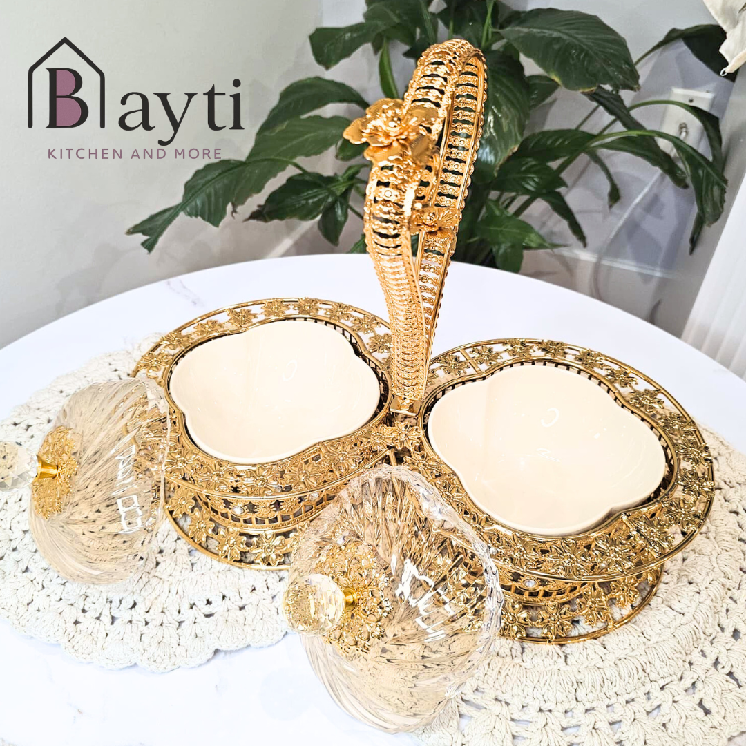 Bayti Luxury Serving Tray with Big Ceramic Bowls Removable Deep Bowls for Elegant Dining and Hosting