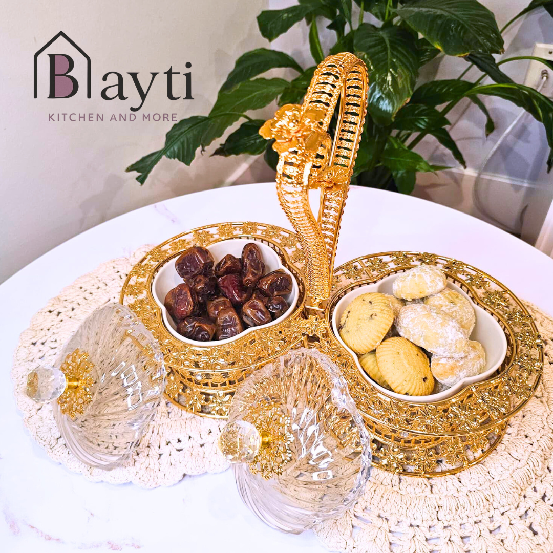 Bayti Luxury Serving Tray with Big Ceramic Bowls Removable Deep Bowls for Elegant Dining and Hosting