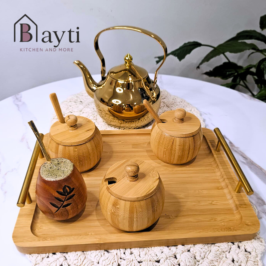 Bayti Wooden Mate Set with High-Quality Stainless Steel Pot and Wooden Cup for Authentic Gourmet Tea Includes 3 Sizes Wooden Tray Perfect for Tea Lovers