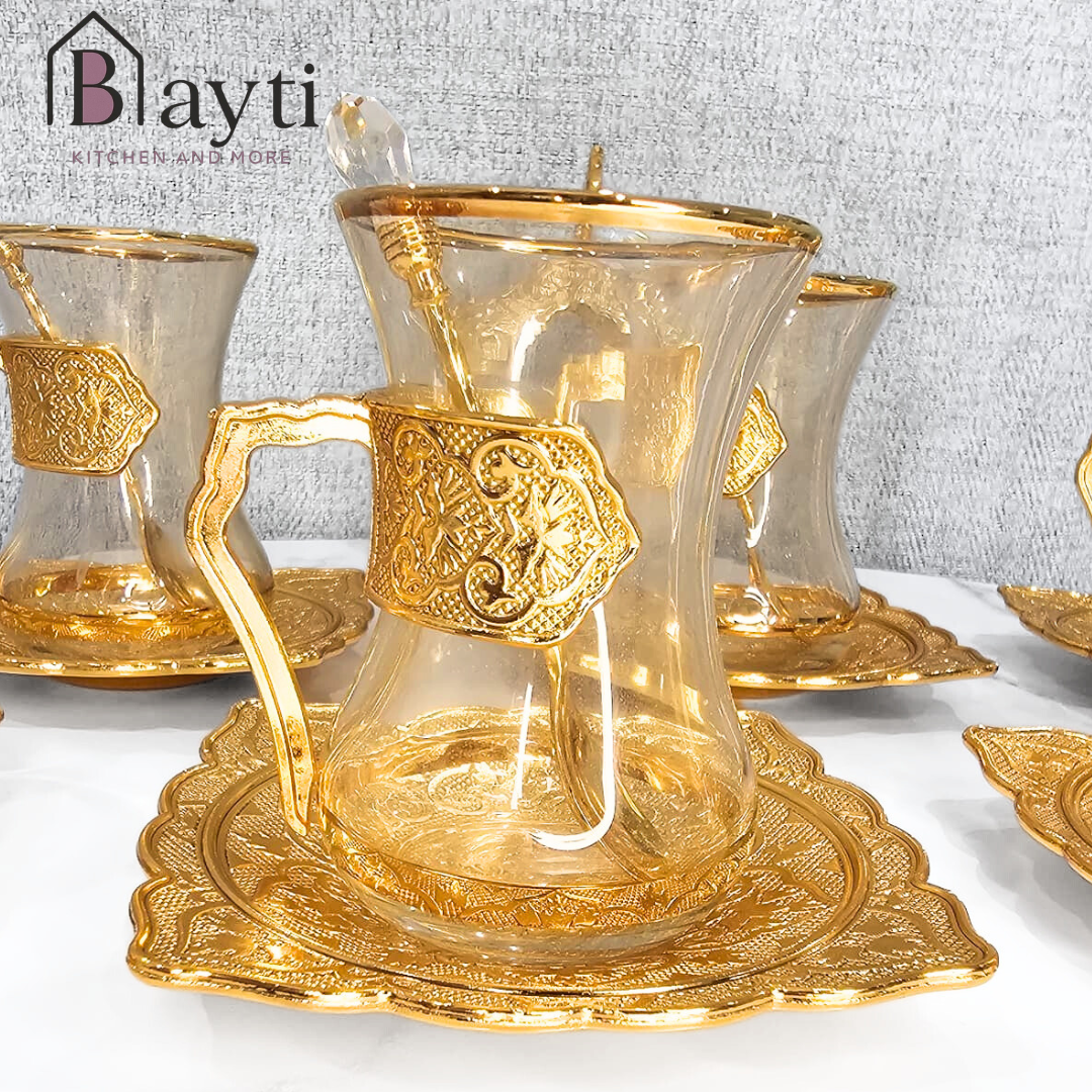 Bayti Turkish Arabic Tea Glasses Set of 6 Vintage Gold Plated Elegant Design for Teatime New Home Wedding Gift