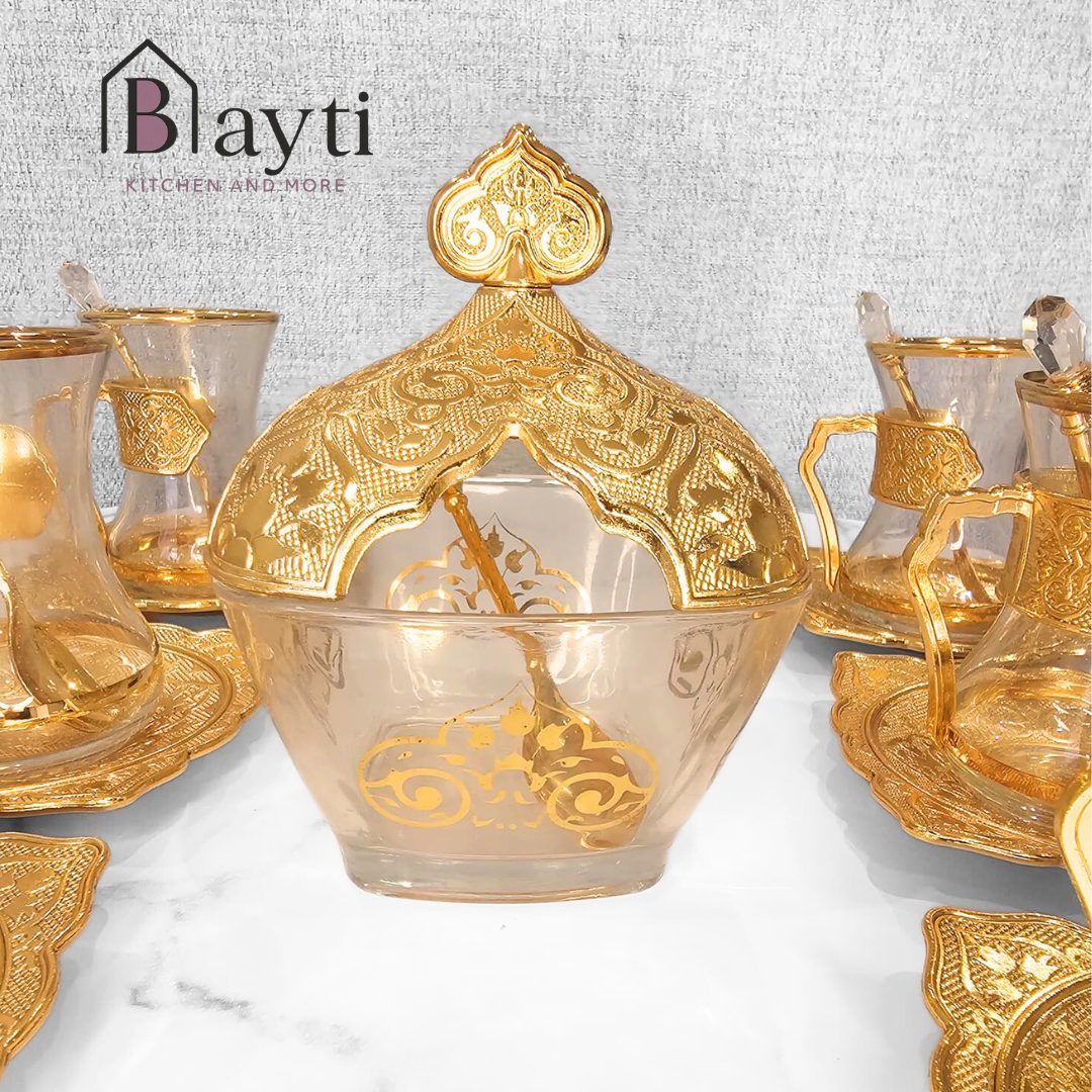 Bayti Turkish Arabic Tea Glasses Set of 6 Vintage Gold Plated Elegant Design for Teatime New Home Wedding Gift