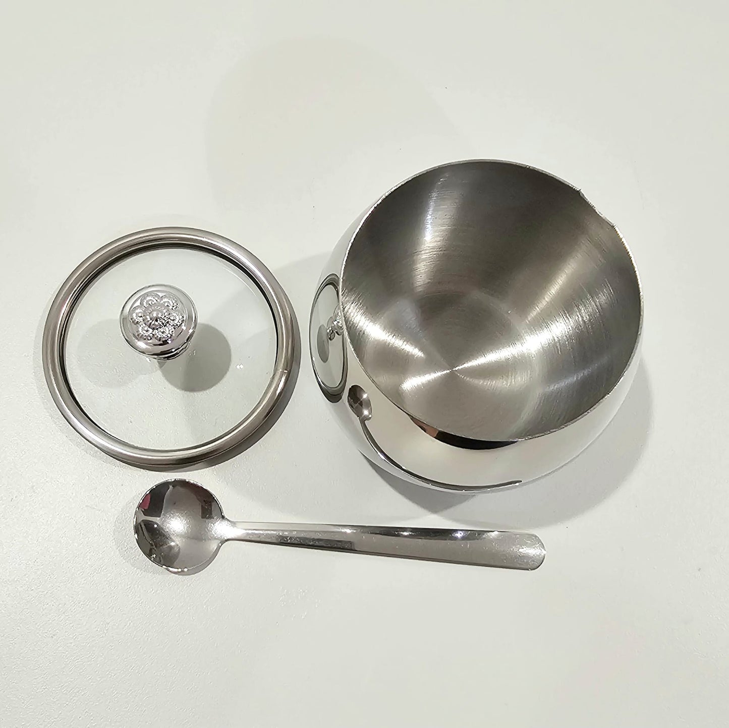 3 pcs Elegant Sugar Pot with Spoon and Crystal Knob Lid ( set of 3pcs ) - Silver Design with Lid and Spoon Included