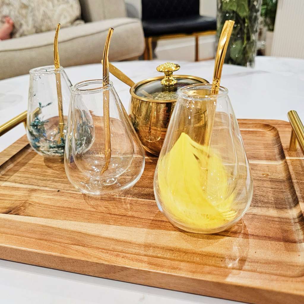 Mate Set of 3 Glass Cups with Golden Stainless Steel Sugar Pot on Wooden Tray for Elegant Service Featuring Stylish Design
