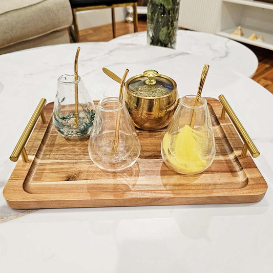 Mate Set of 3 Glass Cups with Golden Stainless Steel Sugar Pot on Wooden Tray for Elegant Service Featuring Stylish Design