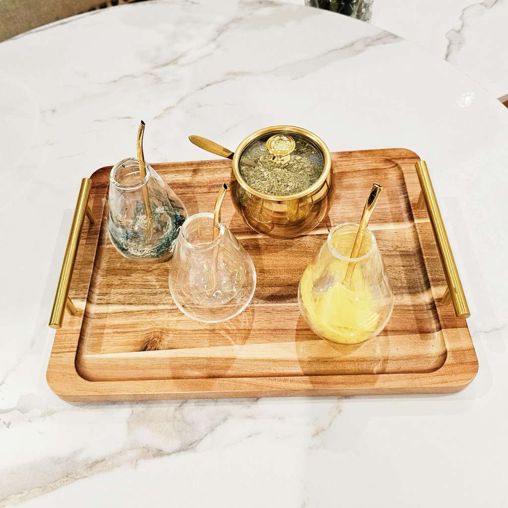Mate Set of 3 Glass Cups with Golden Stainless Steel Sugar Pot on Wooden Tray for Elegant Service Featuring Stylish Design