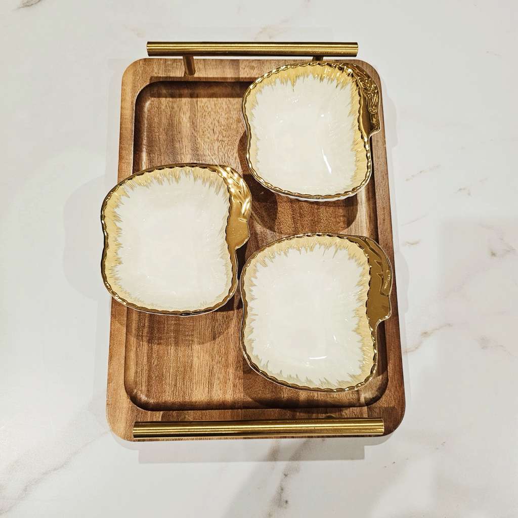 Serving Set of 3 Pieces of Serving Plates with Wooden Tray Elegant Gold Border Design for Tableware