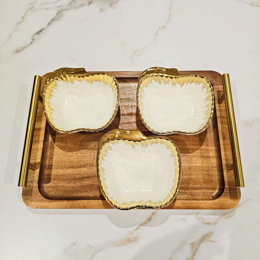 Serving Set of 3 Pieces of Serving Plates with Wooden Tray Elegant Gold Border Design for Tableware