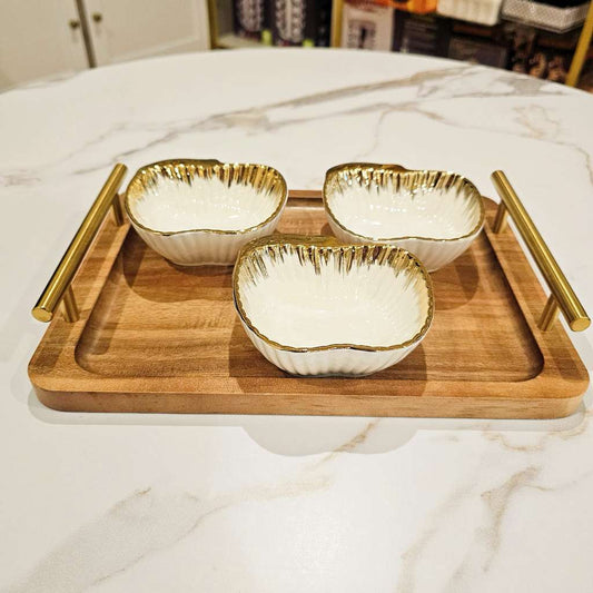Serving Set of 3 Pieces of Serving Plates with Wooden Tray Elegant Gold Border Design for Tableware