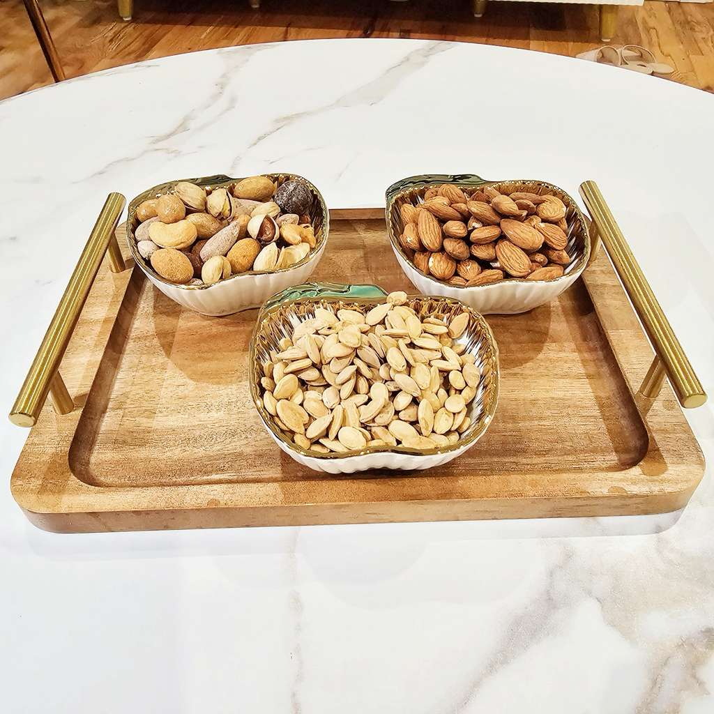 Serving Set of 3 Pieces of Serving Plates with Wooden Tray Elegant Gold Border Design for Tableware