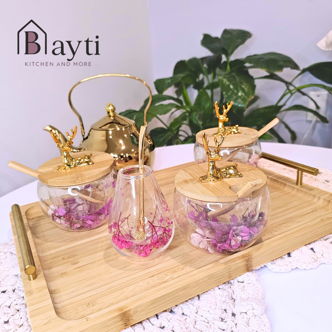 Blayti Wooden Mate Set Floral Sugar Pot Double Glass with High Quality Stainless Tea Pot and Gold Deer Decor
