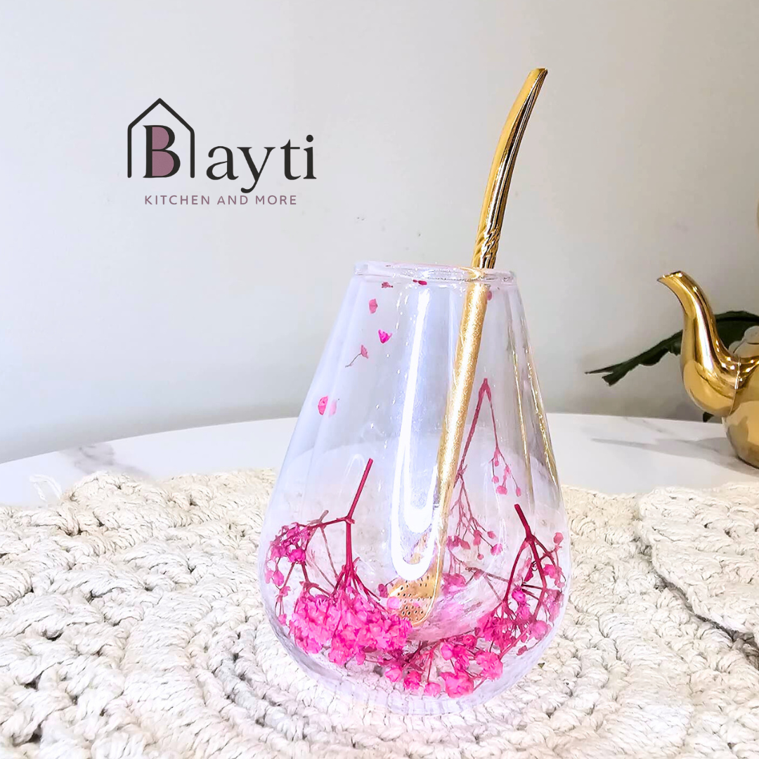 Blayti Wooden Mate Set Floral Sugar Pot Double Glass with High Quality Stainless Tea Pot and Gold Deer Decor